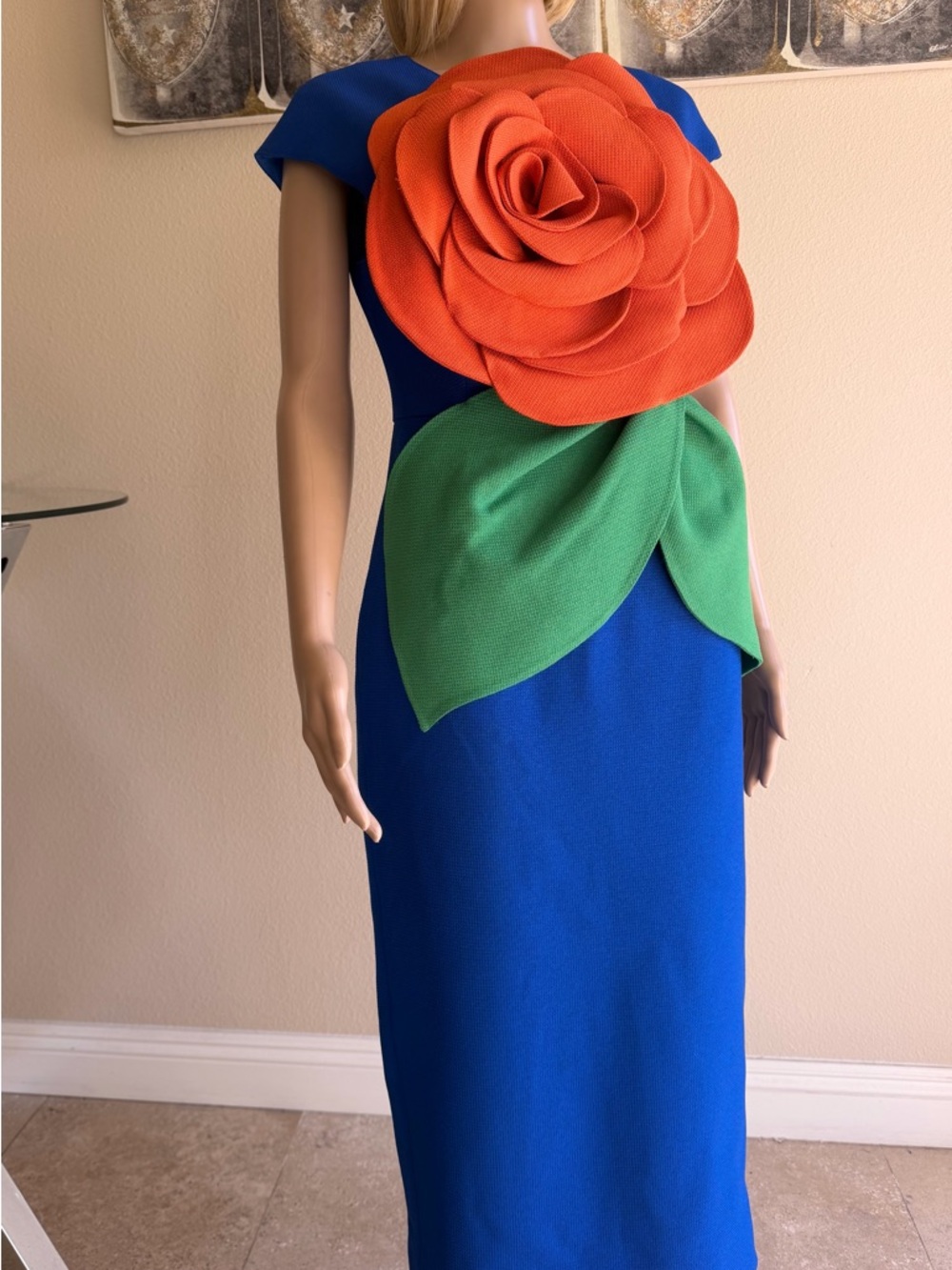 Runway Royal Blue Dress with 3D Orange Floral Applique